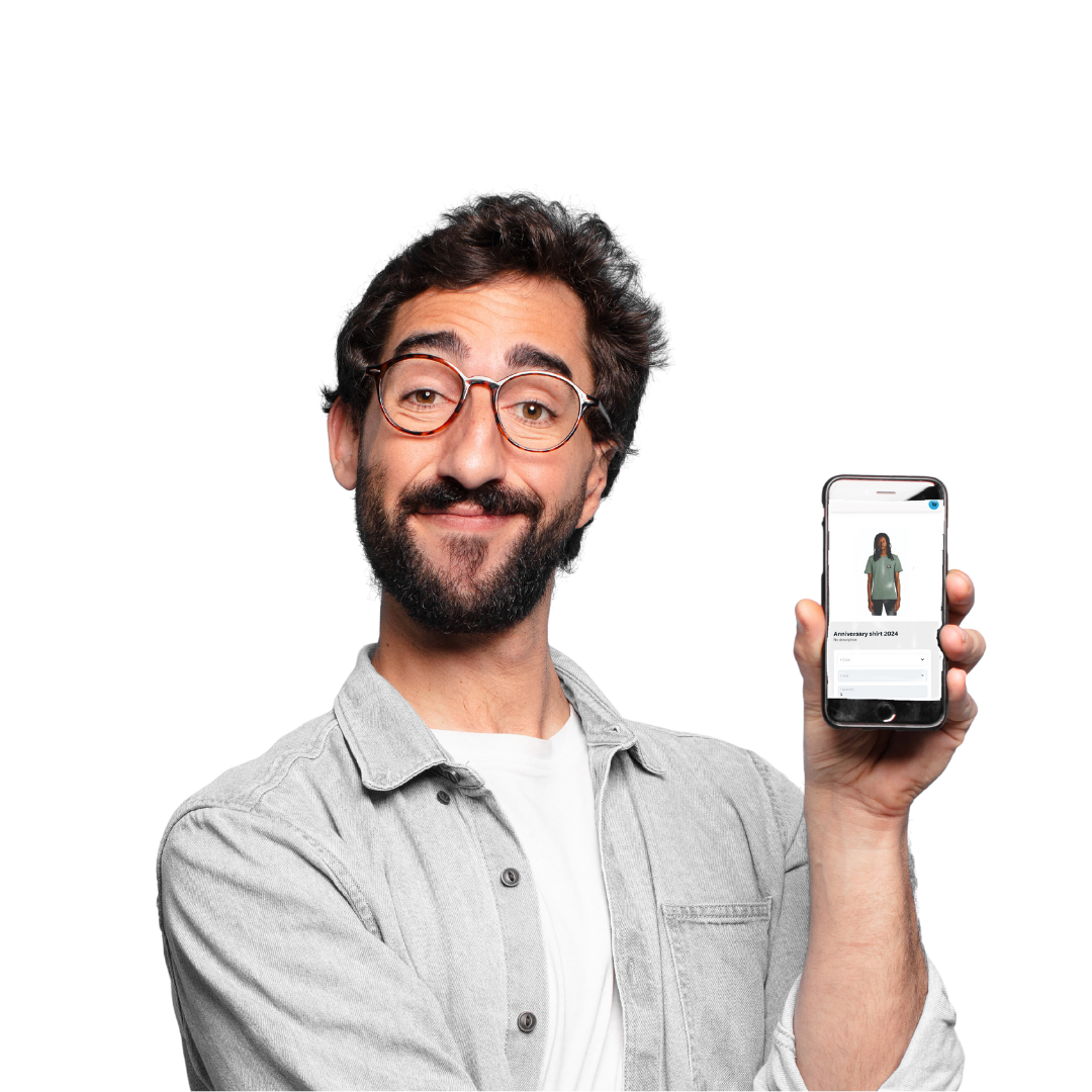 Man smiling and holding a smartphone displaying an app
