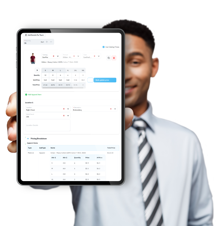 Man smiling and holding a smartphone displaying an app