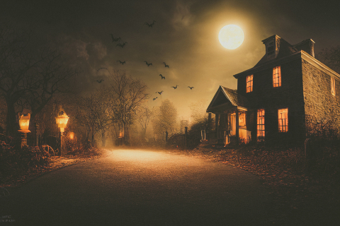 spooky illustration of an old building, lit windows, and lit street lamps with a full moon bats flying and scary trees.