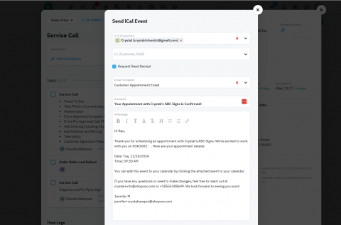 a pop up showing the interface for sending appointments to clients for installations with shopvox shop management software.