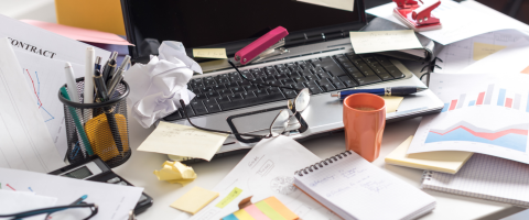 Cluttered desk.