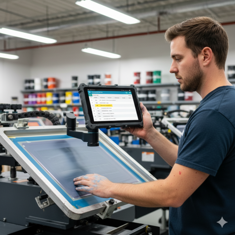 man operating embroidery machine