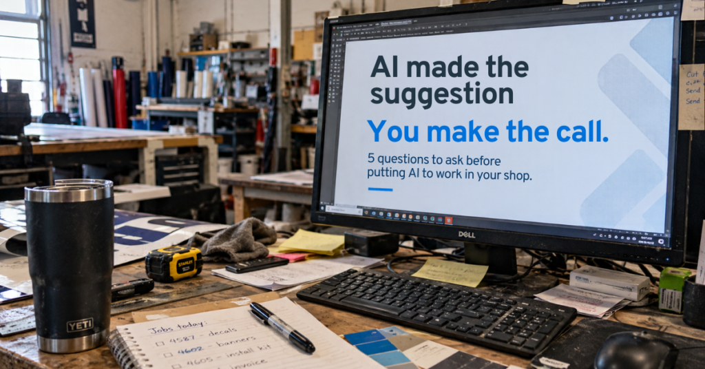 A working print shop desk with a computer monitor displaying the message, “AI made the suggestion. You make the call,” surrounded by everyday production tools, job notes and print materials.